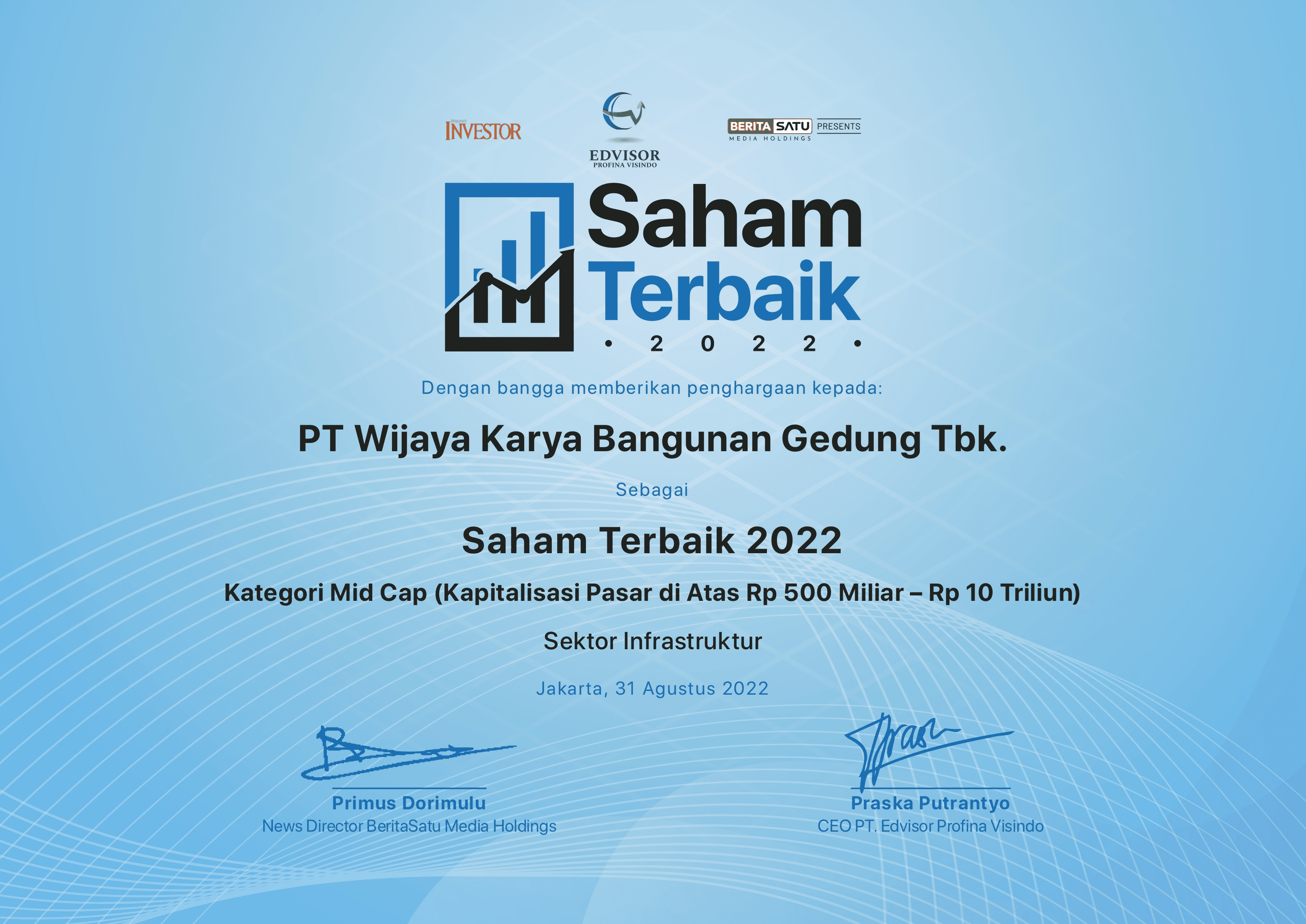 Cemerlang, Saham WIKA Gedung Masuk Deretan Saham Terbaik di Tahun 2022